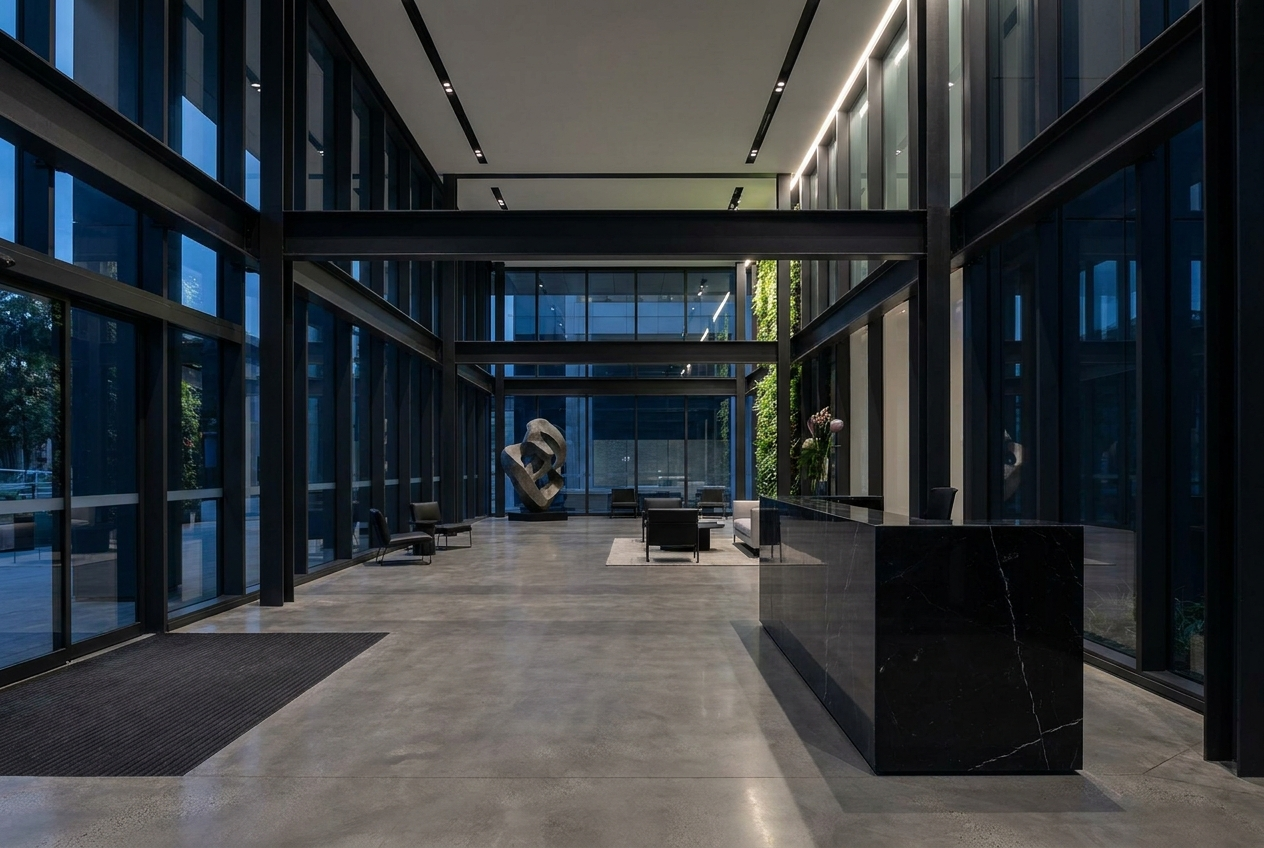 Modern commercial building interior with glass and steel.
