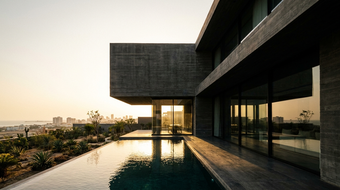 Modern luxury villa exterior with sharp architectural lines.
